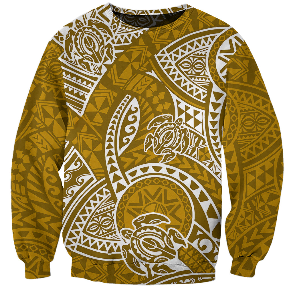 Gold crewneck sweatshirt with white Polynesian tribal honu graphics
