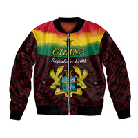 Unisex bomber jacket with Ghana Republic Day graphic, zip front, ribbed trim