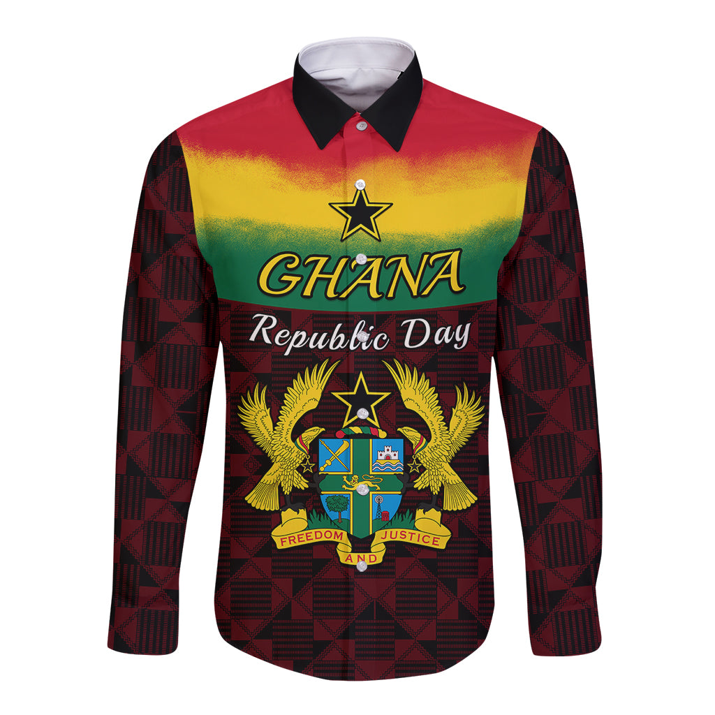Long-sleeve button shirt with Ghana Republic Day graphic and patterned sleeves