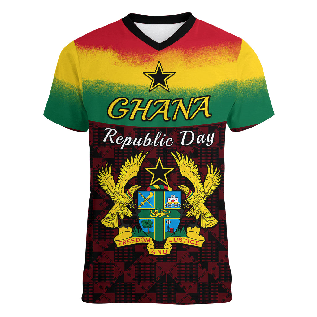 1 July Ghana Republic Day Women V Neck T Shirt African Pattern Mix Flag Unique Style - Wonder Print Shop