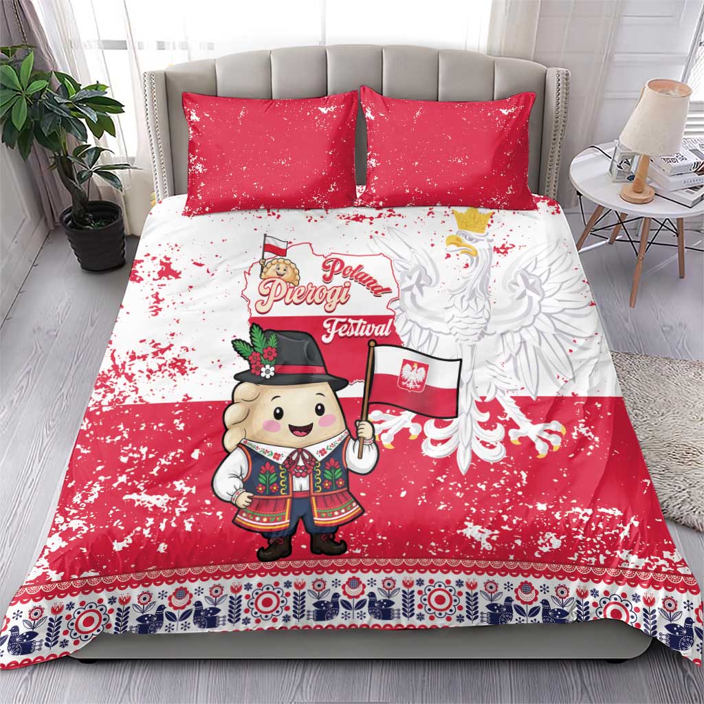 Red and white duvet cover with two pillowcases featuring pierogi festival character