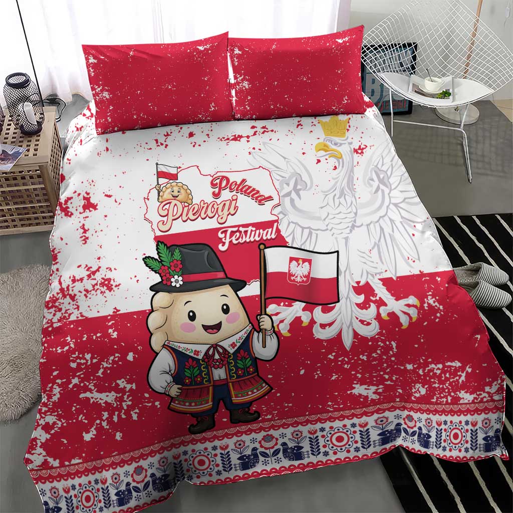 Red and white bedding set with pierogi festival print, Poland flag, and decorative borders