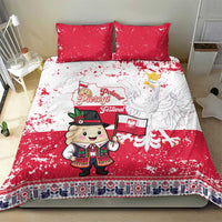 Red and white duvet bedding set with pierogi festival character, flag, and winged design