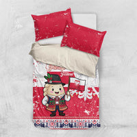 Red and white duvet set with two matching pillowcases and pierogi festival graphic