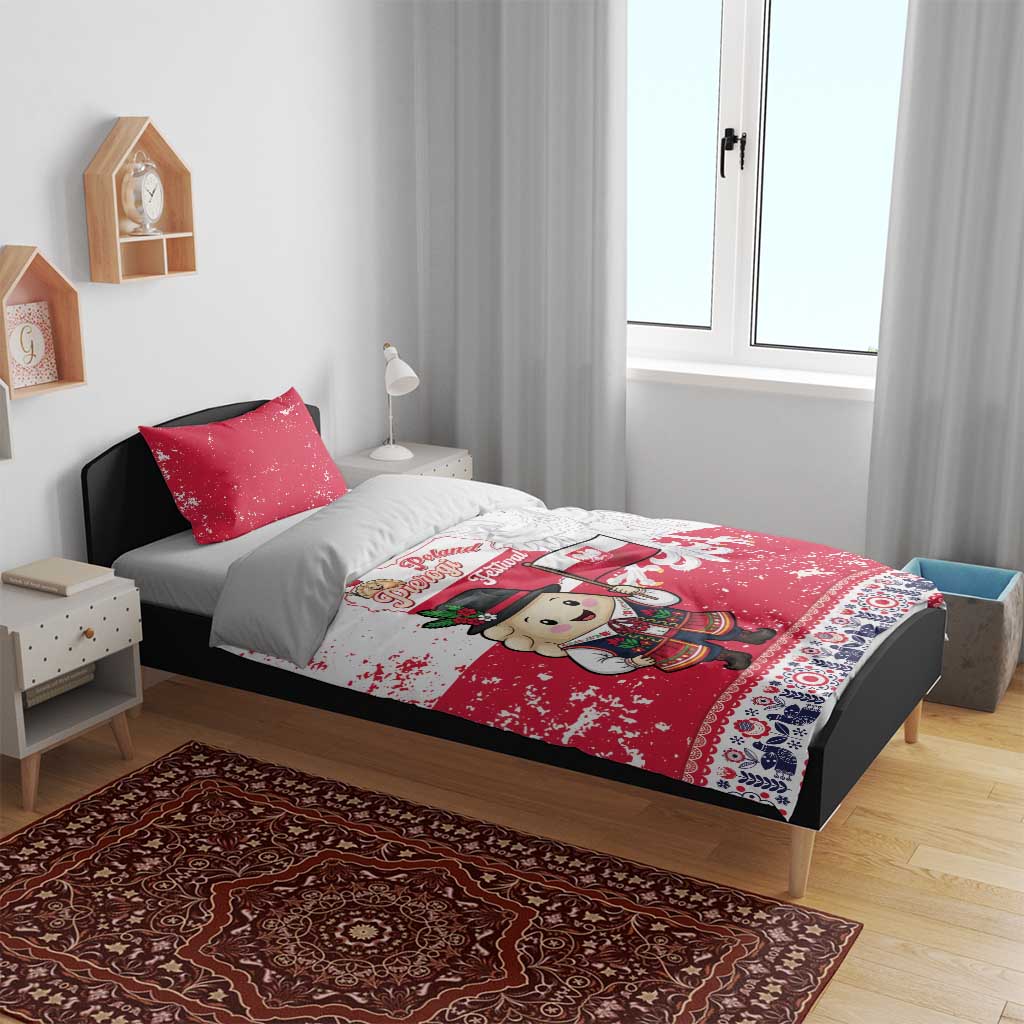 Red & white duvet cover bedding set with pierogi festival artwork and Poland flag motif