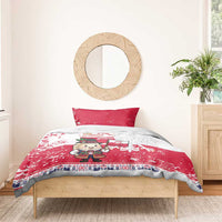Red and white duvet bedding set with pierogi festival character print and decorative trim