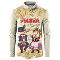 Beige button-up sweatshirt with colorful Poland pierogi graphic on the front