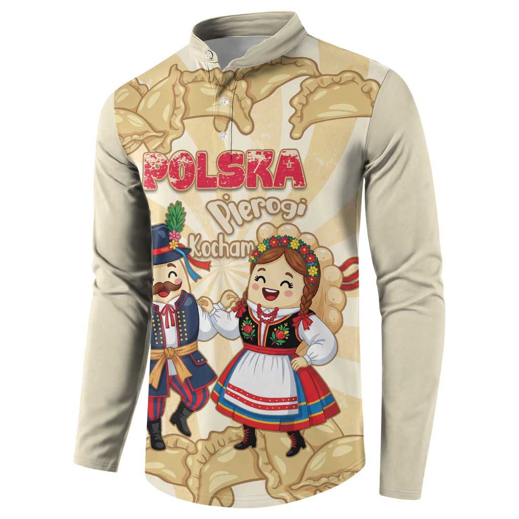 Beige button-up sweatshirt front with Poland pierogi lettering and festive characters