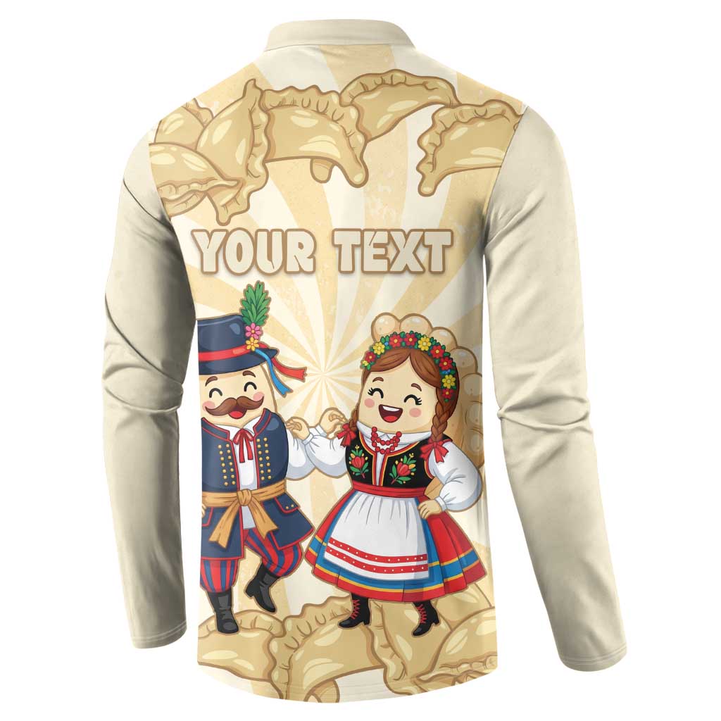 Beige button-up sweatshirt back with 'YOUR TEXT' and pierogi festival character graphic