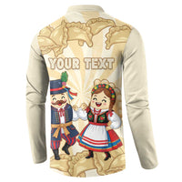 Beige button-up sweatshirt back with 'YOUR TEXT' and pierogi festival character graphic