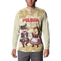 Beige button-up sweatshirt worn by a model with Poland pierogi graphic on the front