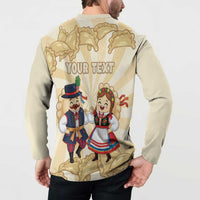 Beige button-up sweatshirt worn; back shows 'YOUR TEXT' with festive pierogi characters