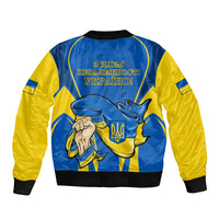 Unisex blue and yellow bomber jacket, back graphic with Ukrainian text and emblem