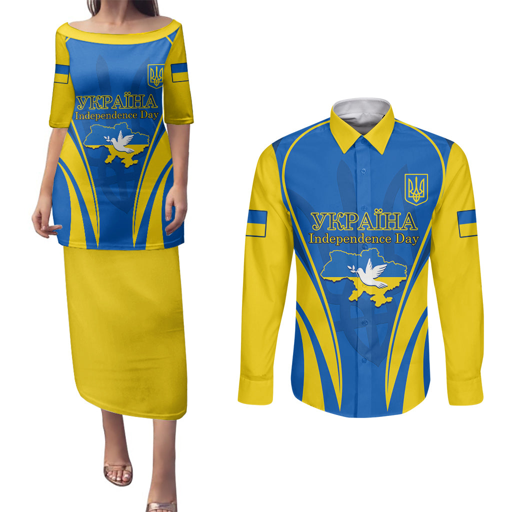 Ukraine Couples Matching Puletasi Dress and Long Sleeve Button Shirts Happy Ukrainian 32nd Independence Anniversary - Wonder Print Shop