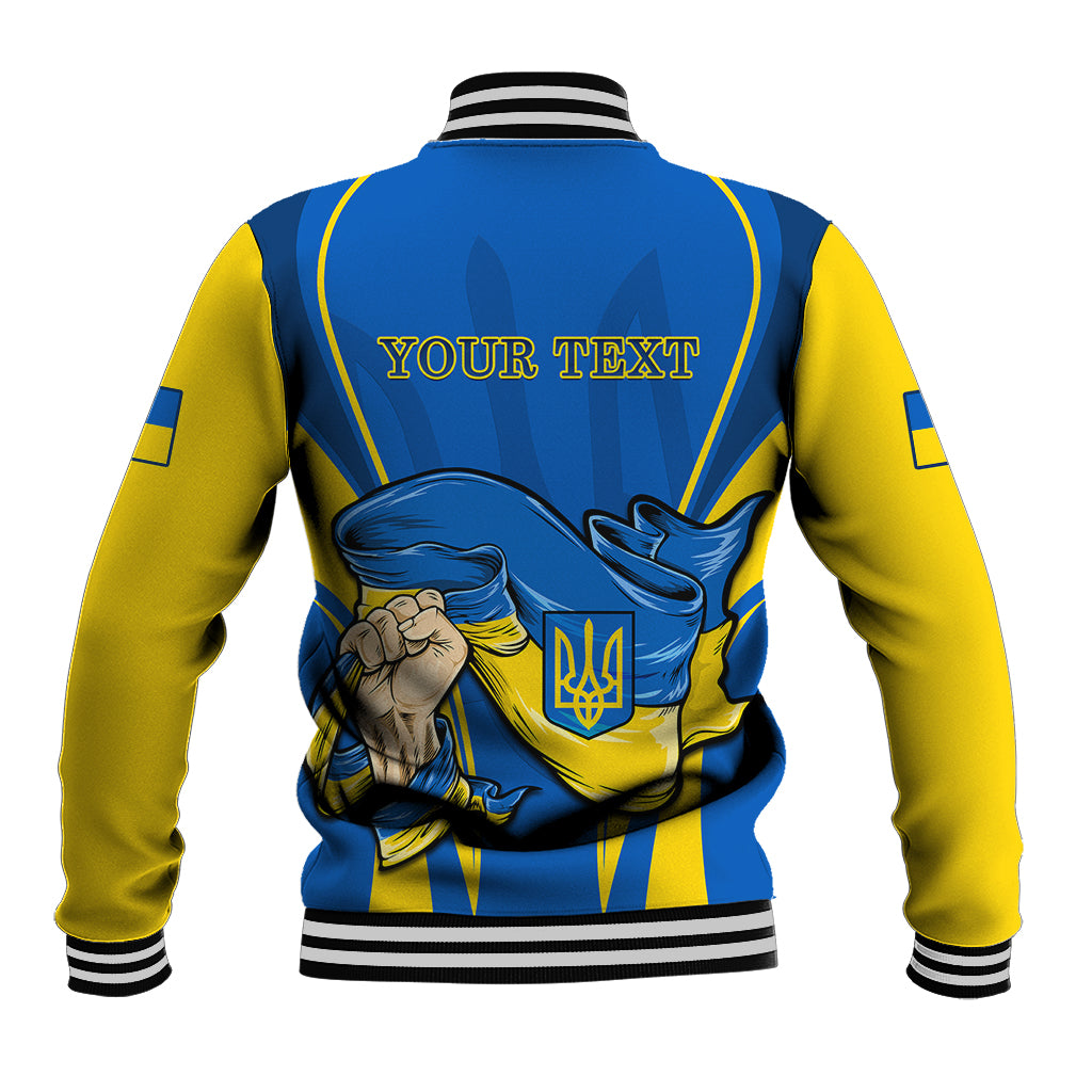 Blue and yellow unisex baseball jacket, striped ribbed collar and cuffs, back graphic