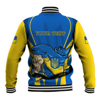 Blue and yellow unisex baseball jacket, striped ribbed collar and cuffs, back graphic