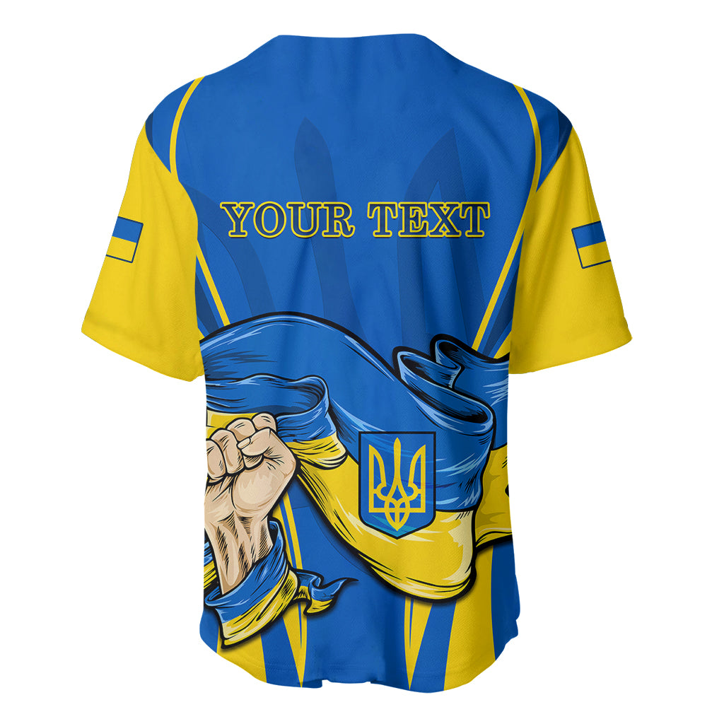 Blue and yellow baseball jersey back with V-neck, 'YOUR TEXT' and fist graphic.