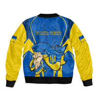 Blue and yellow satin bomber jacket with black ribbed hem, back panel shows YOUR TEXT and trident graphic
