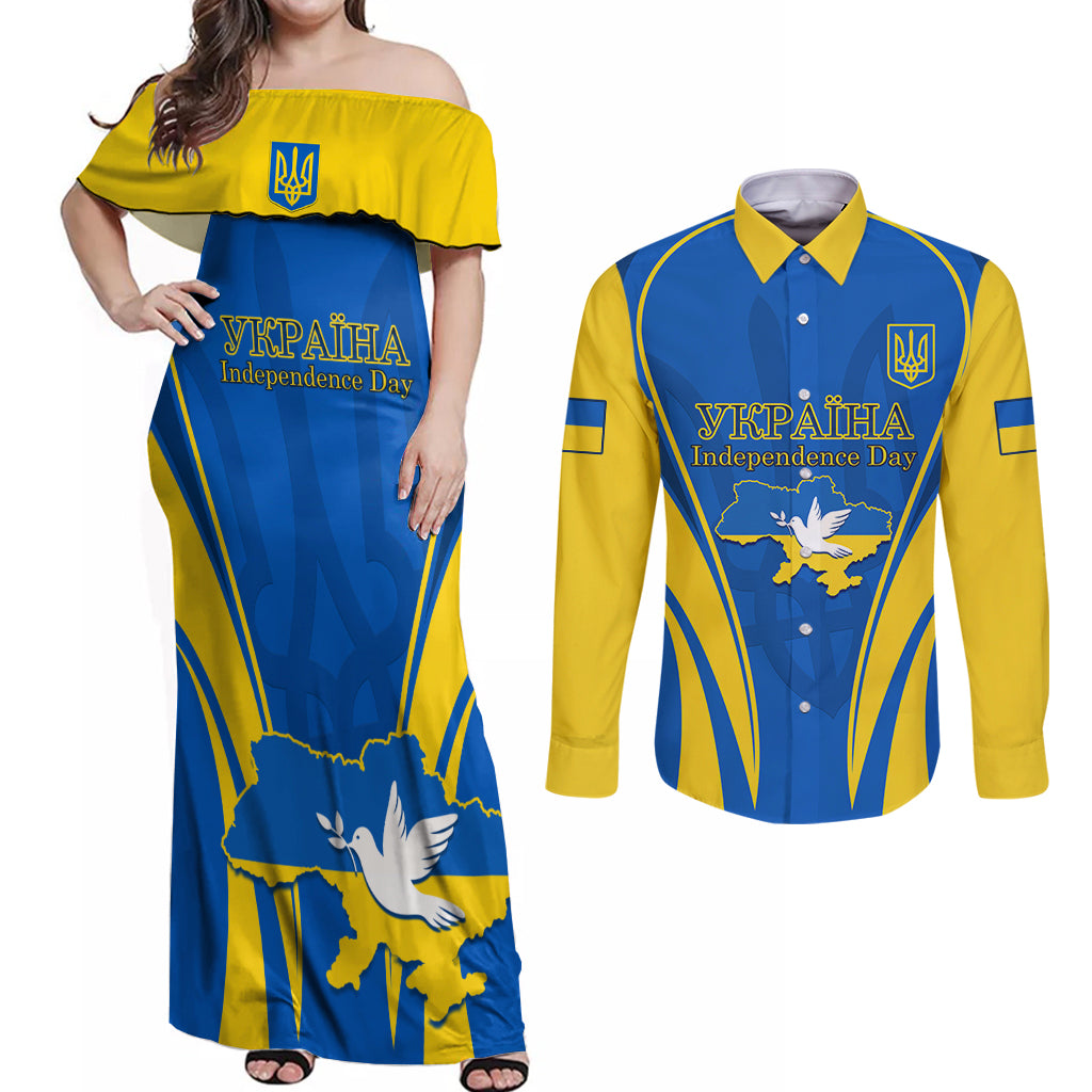 Custom Ukraine Couples Matching Off Shoulder Maxi Dress and Long Sleeve Button Shirts Happy Ukrainian 32nd Independence Anniversary - Wonder Print Shop