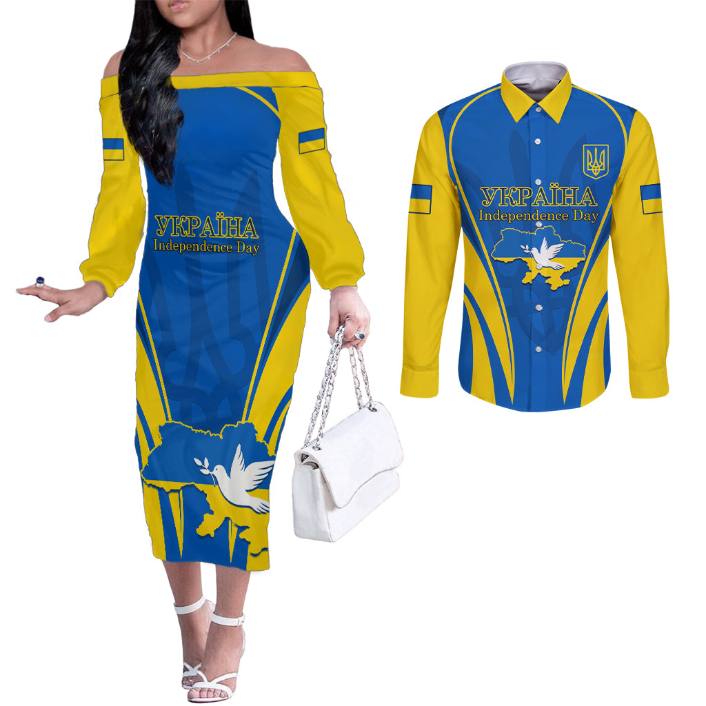 custom-ukraine-couples-matching-off-the-shoulder-long-sleeve-dress-and-long-sleeve-button-shirts-happy-ukrainian-32nd-independence-anniversary