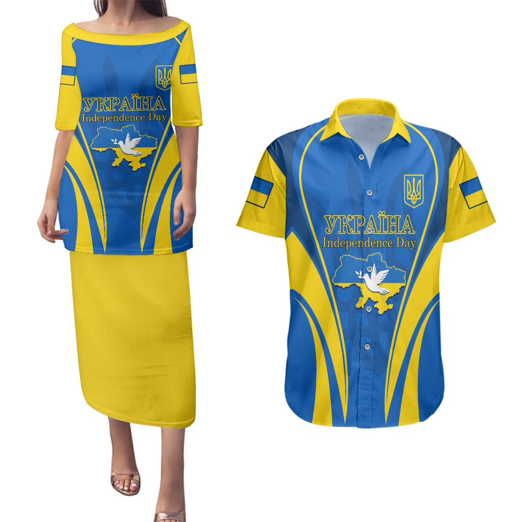 Custom Ukraine Couples Matching Puletasi Dress and Hawaiian Shirt Happy Ukrainian 32nd Independence Anniversary - Wonder Print Shop