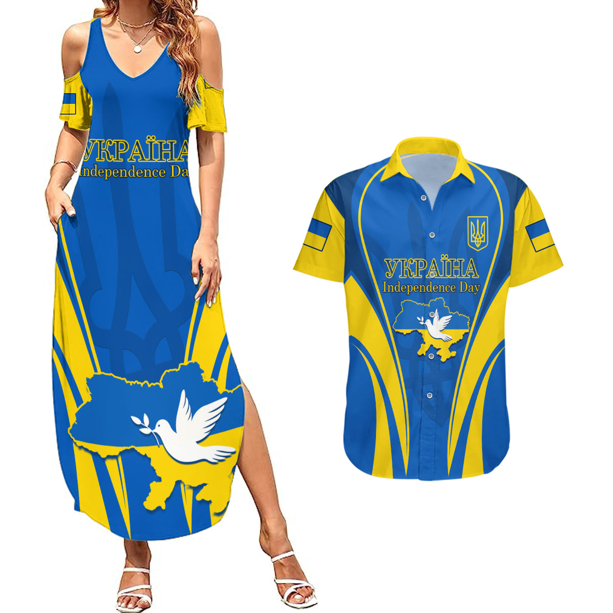 Custom Ukraine Couples Matching Summer Maxi Dress and Hawaiian Shirt Happy Ukrainian 32nd Independence Anniversary - Wonder Print Shop