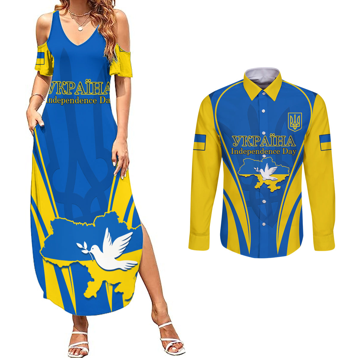 Custom Ukraine Couples Matching Summer Maxi Dress and Long Sleeve Button Shirts Happy Ukrainian 32nd Independence Anniversary - Wonder Print Shop