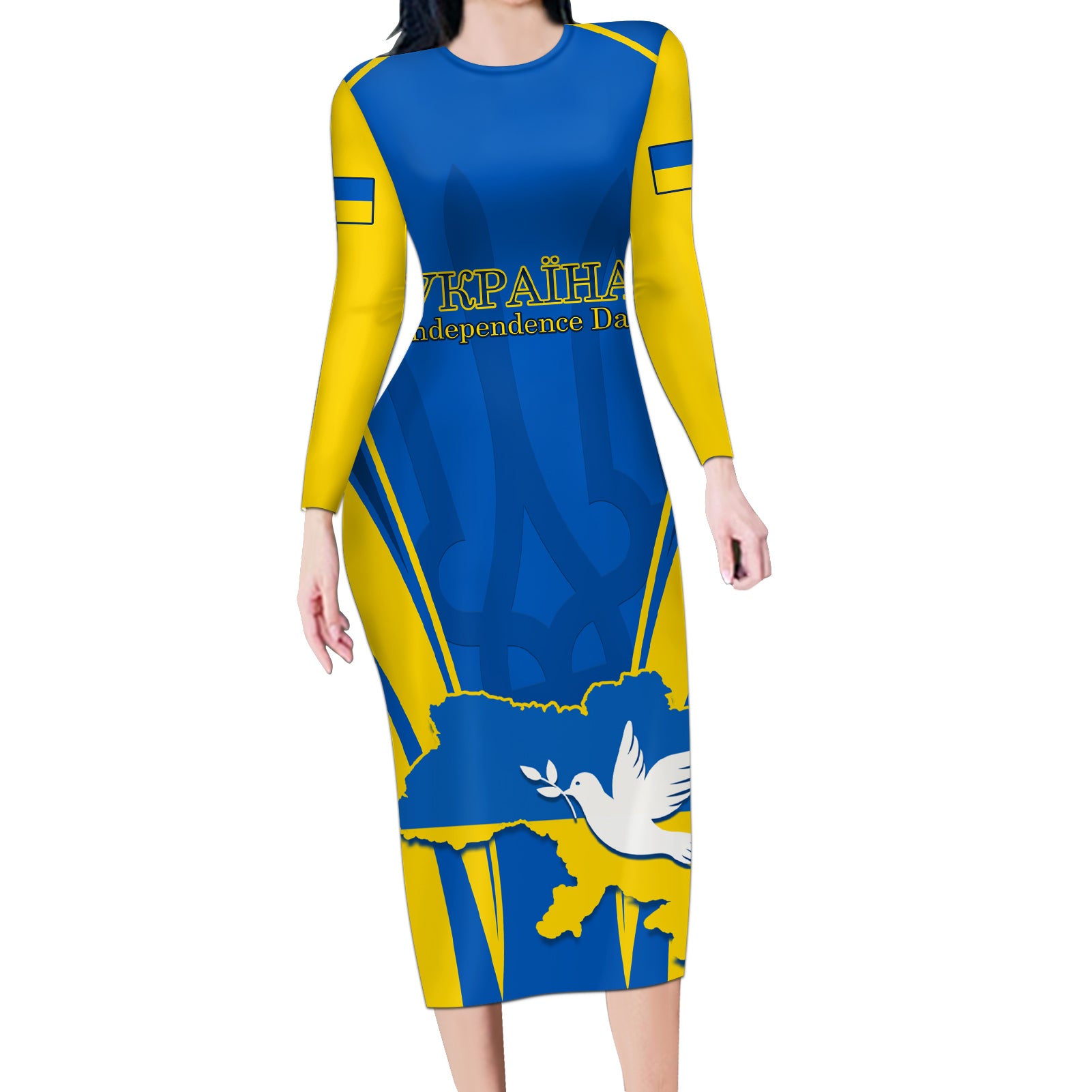 Custom Ukraine Long Sleeve Bodycon Dress Happy Ukrainian 32nd Independence Anniversary - Wonder Print Shop