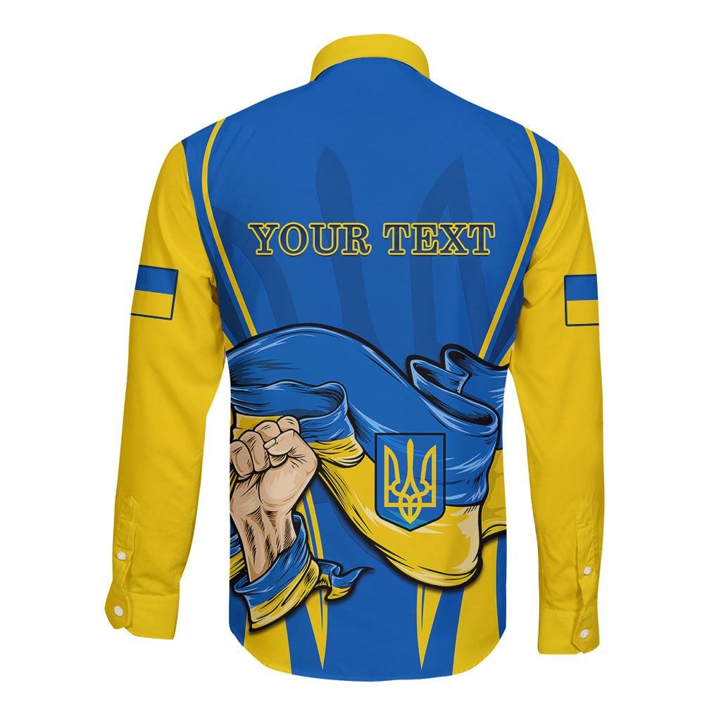 Blue long-sleeve button shirt back with yellow trim, "YOUR TEXT" and patriotic emblem