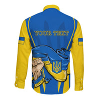 Blue long-sleeve button shirt back with yellow trim, "YOUR TEXT" and patriotic emblem