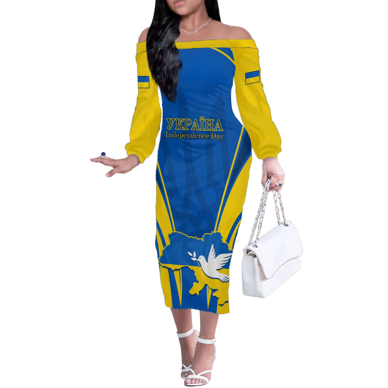 Custom Ukraine Off The Shoulder Long Sleeve Dress Happy Ukrainian 32nd Independence Anniversary - Wonder Print Shop