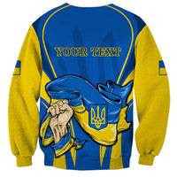 Unisex blue and yellow sweatshirt with Your Text print, clasped hands and trident emblem