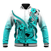 Turquoise gradient baseball jacket with shark tattoo and plumeria flowers, white button front