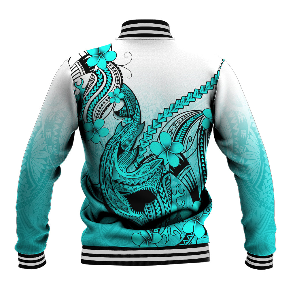 Turquoise gradient baseball jacket back with shark tattoo and plumeria flowers, striped collar