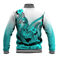 Turquoise gradient baseball jacket back with shark tattoo and plumeria flowers, striped collar