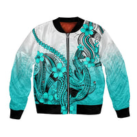 Turquoise gradient bomber jacket with shark tattoo and plumeria floral print, zip front