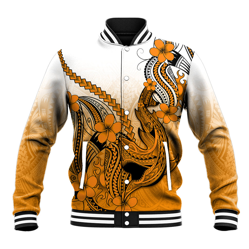 Unisex orange gradient baseball jacket with shark and plumeria tattoo, black stripes