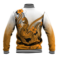 Unisex orange gradient baseball jacket with back shark and plumeria tattoo, striped collar