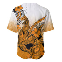 Orange baseball jersey back with Polynesian shark and plumeria flower tattoo pattern