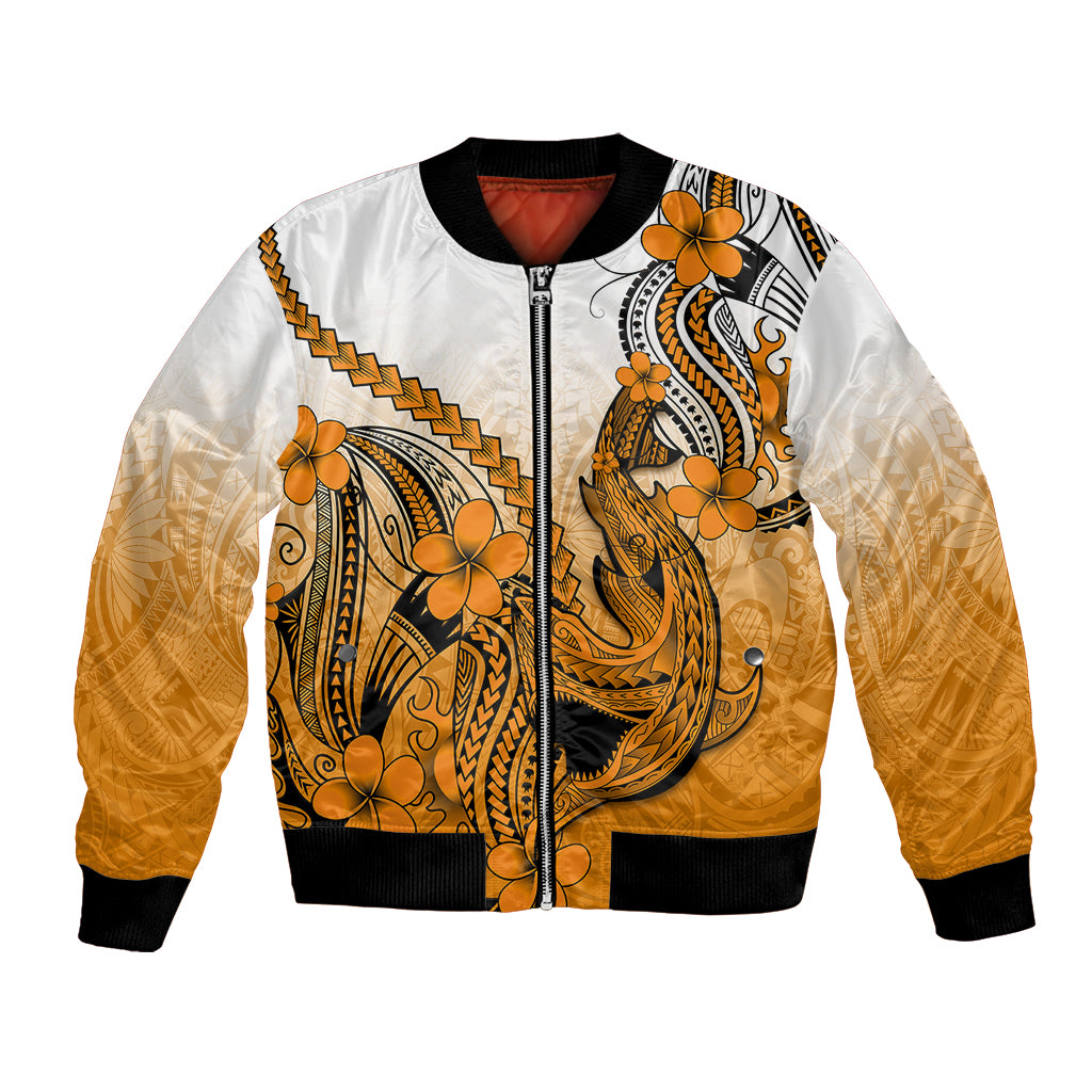 Orange gradient bomber jacket, zip front, Polynesian shark and plumeria graphic, ribbed hem