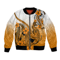 Orange gradient bomber jacket, zip front, Polynesian shark and plumeria graphic, ribbed hem