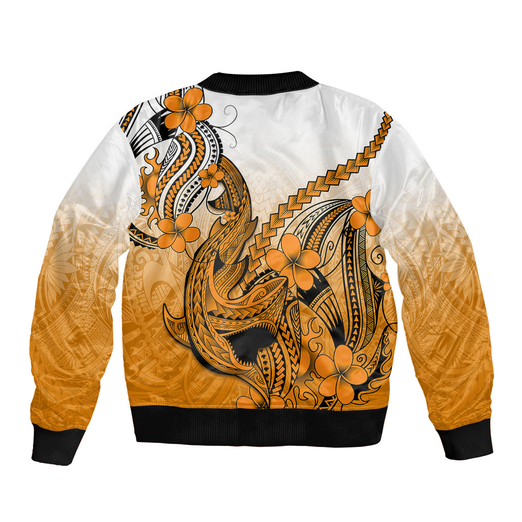 Orange gradient bomber jacket with Polynesian shark tattoo and plumeria flowers, ribbed cuffs