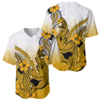 Two gold-gradient baseball jerseys with Polynesian shark tattoo and plumeria flowers