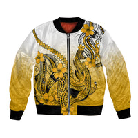 Unisex gold bomber jacket with white front, Polynesian shark tattoo and plumeria floral art