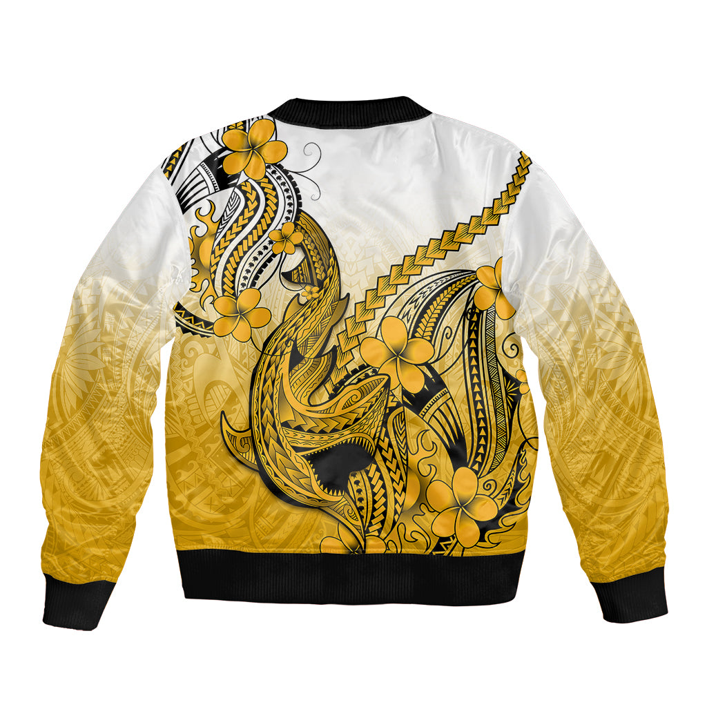 Unisex gold bomber jacket, back panel with Polynesian shark tattoo and plumeria flower art