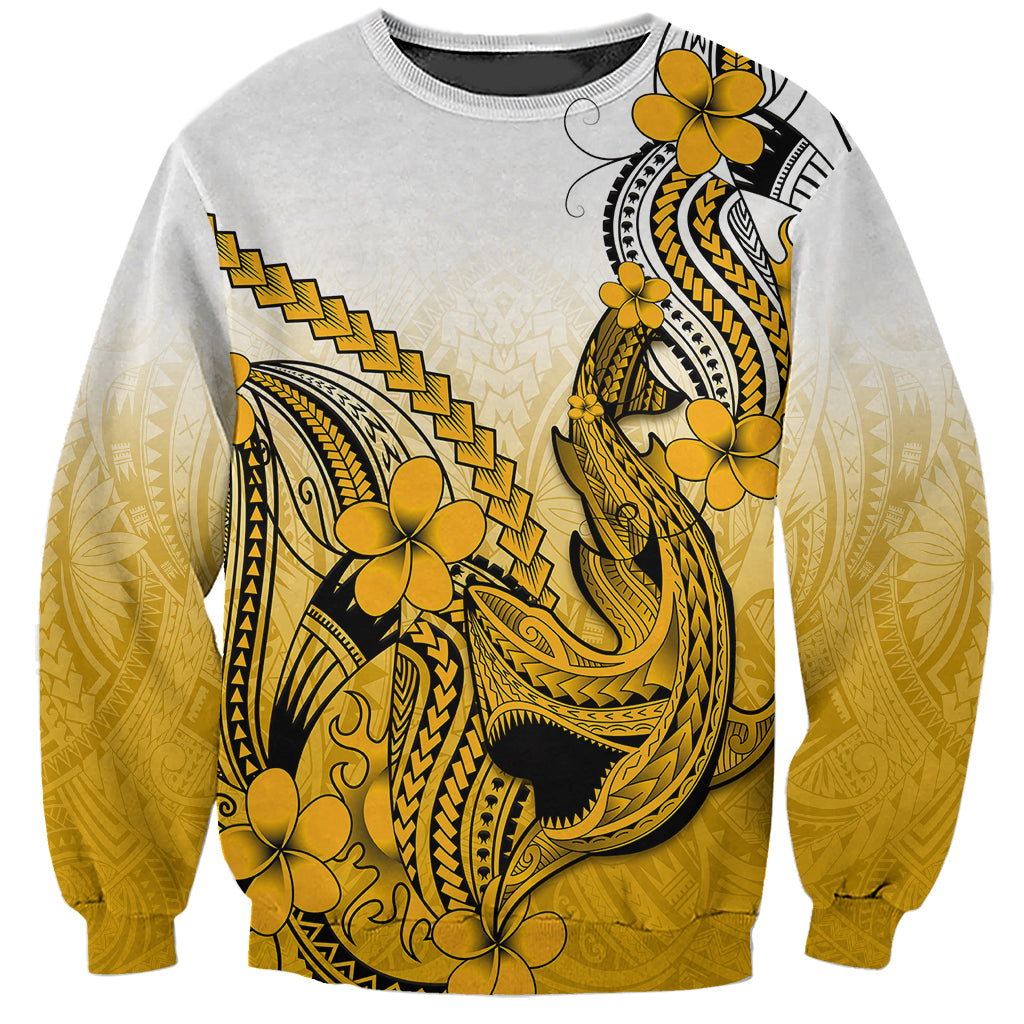 Unisex gray sweatshirt with gold Polynesian shark tattoo and plumeria flower print, front