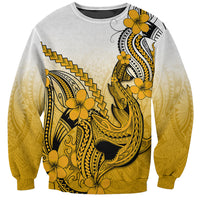 Unisex gray sweatshirt with gold Polynesian shark tattoo and plumeria flower print, front
