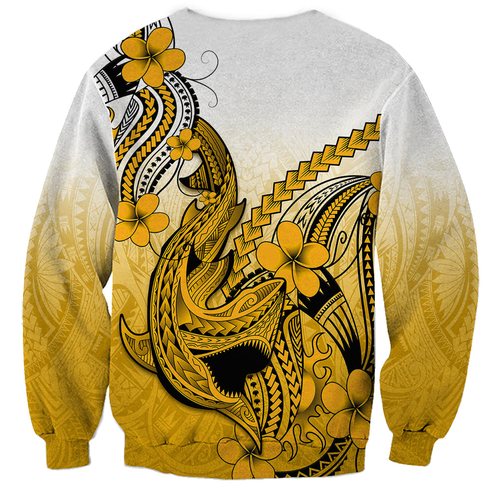 Unisex gray sweatshirt with gold Polynesian shark tattoo and plumeria flower print, back