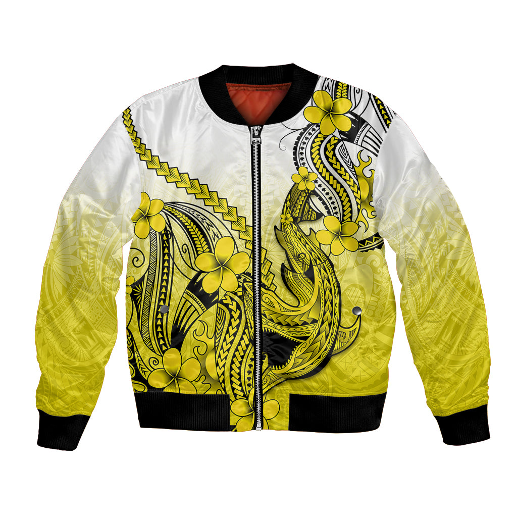 Full-zip yellow gradient bomber jacket with black ribbing and green shark tattoo with plumeria