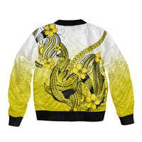 Yellow gradient bomber jacket with black ribbed collar, green shark tattoo and plumeria print